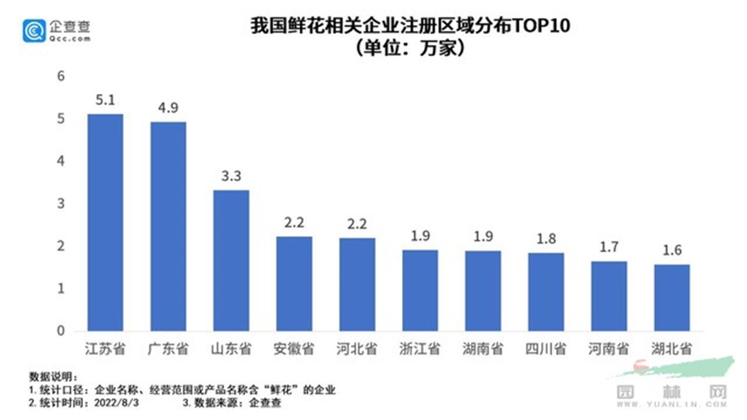 我国鲜花相关企业注册区域分布top10